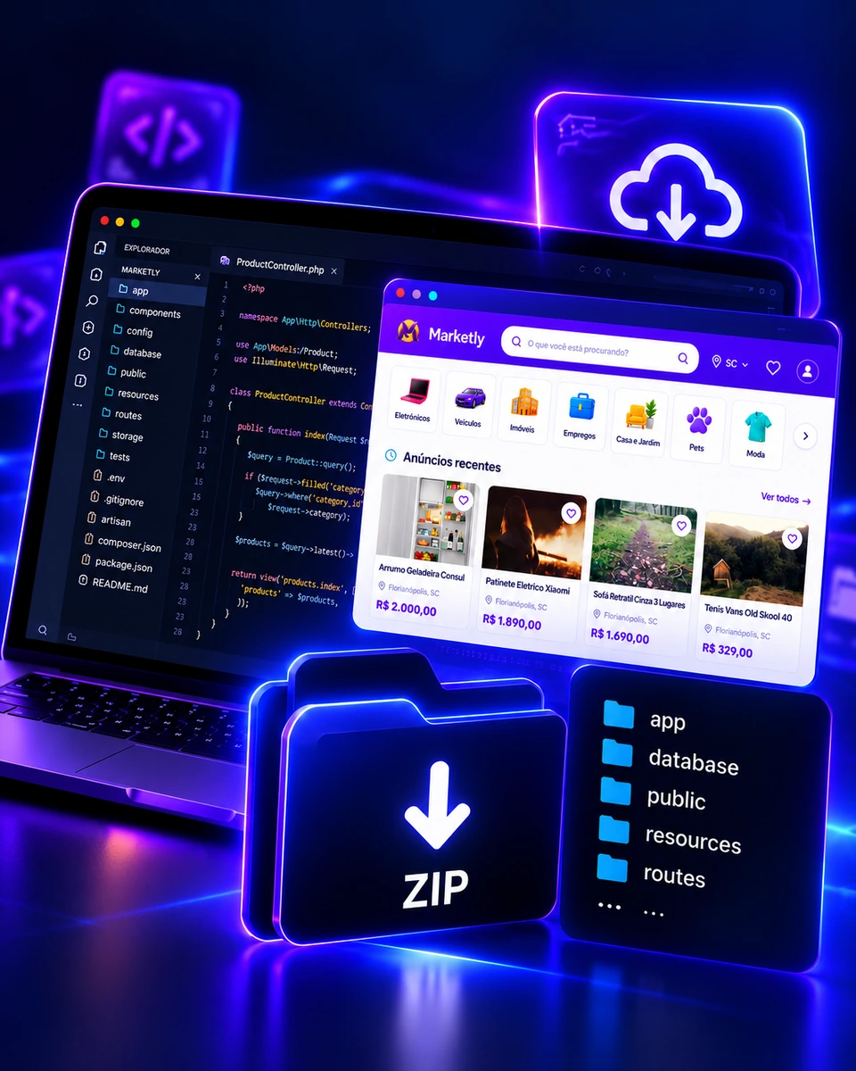 Ilustração do código-fonte, do marketplace e de uma pasta ZIP para download